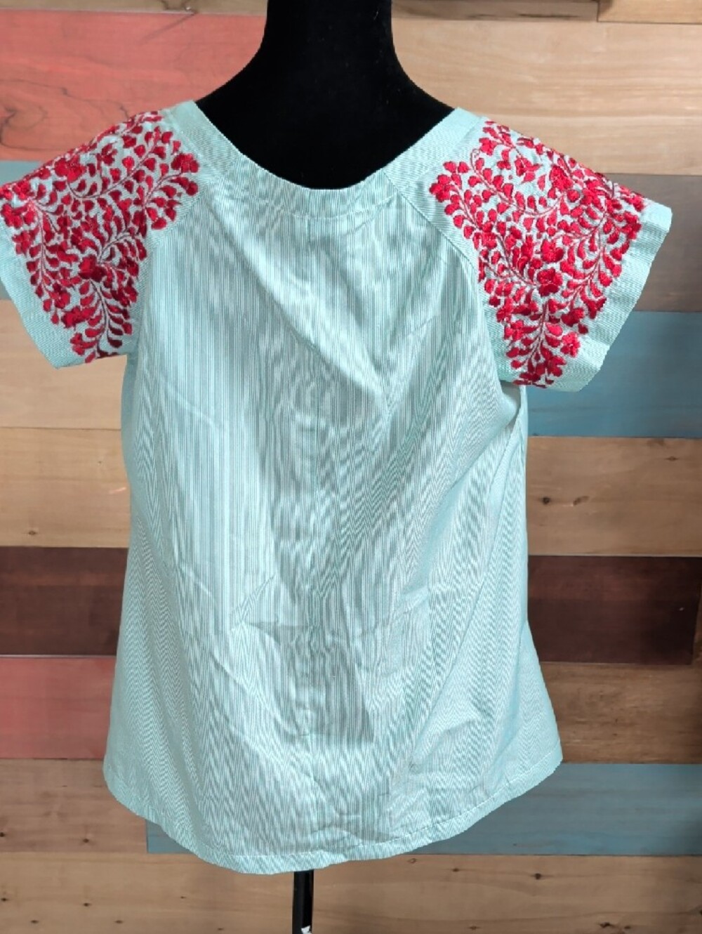 Mint Short-Sleeve Blouse with Red Embroidered Sleeves - Picture 3 of 3